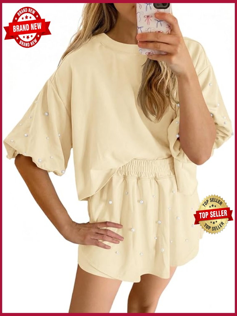 Women's 2 Piece Lounge Shorts Set With Skort And Puff Sleeve Top